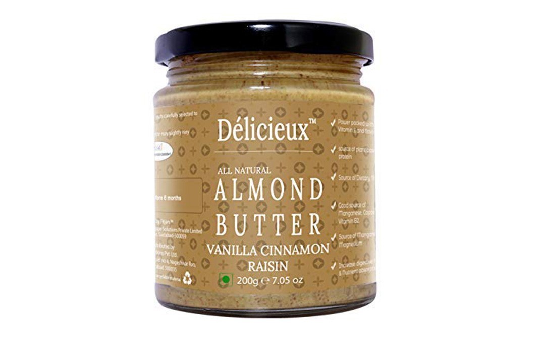 Delicieux All Natural Almond Butter - Vanilla Cinnamon Raisin   Glass Jar  200 grams